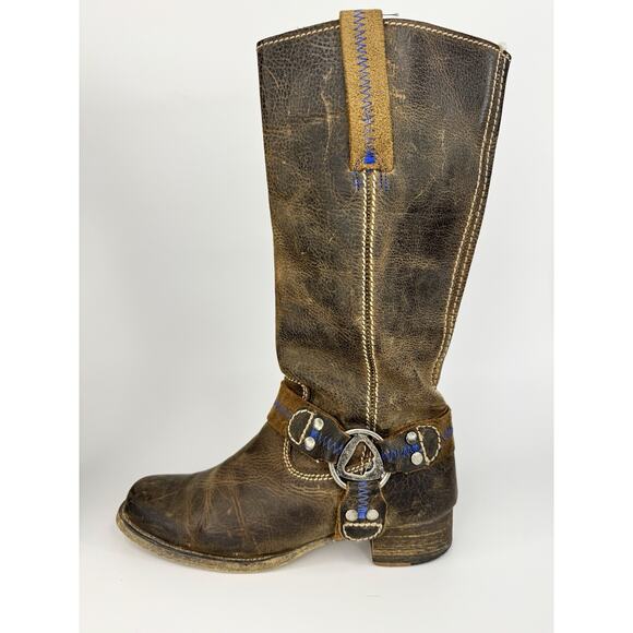 Bed|Stü Womens Leather Harness Boots 7 Brown Distressed Western Moto Made In Mex - Picture 2 of 12